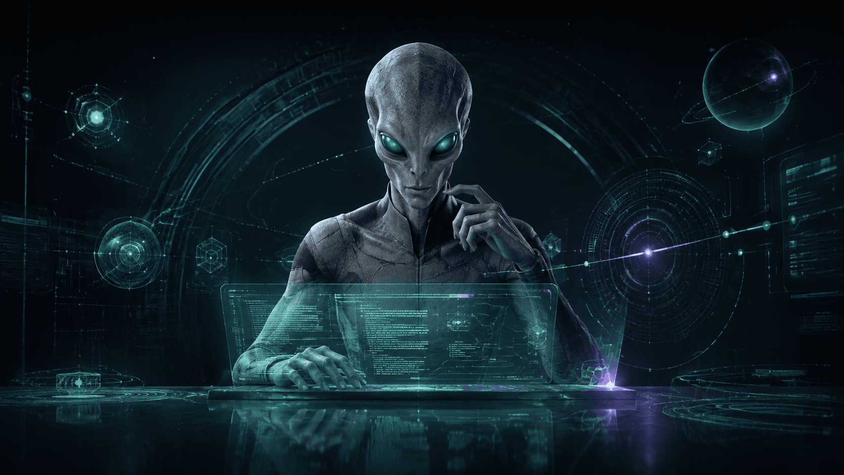 A silver-grey alien security researcher at a holographic workstation
